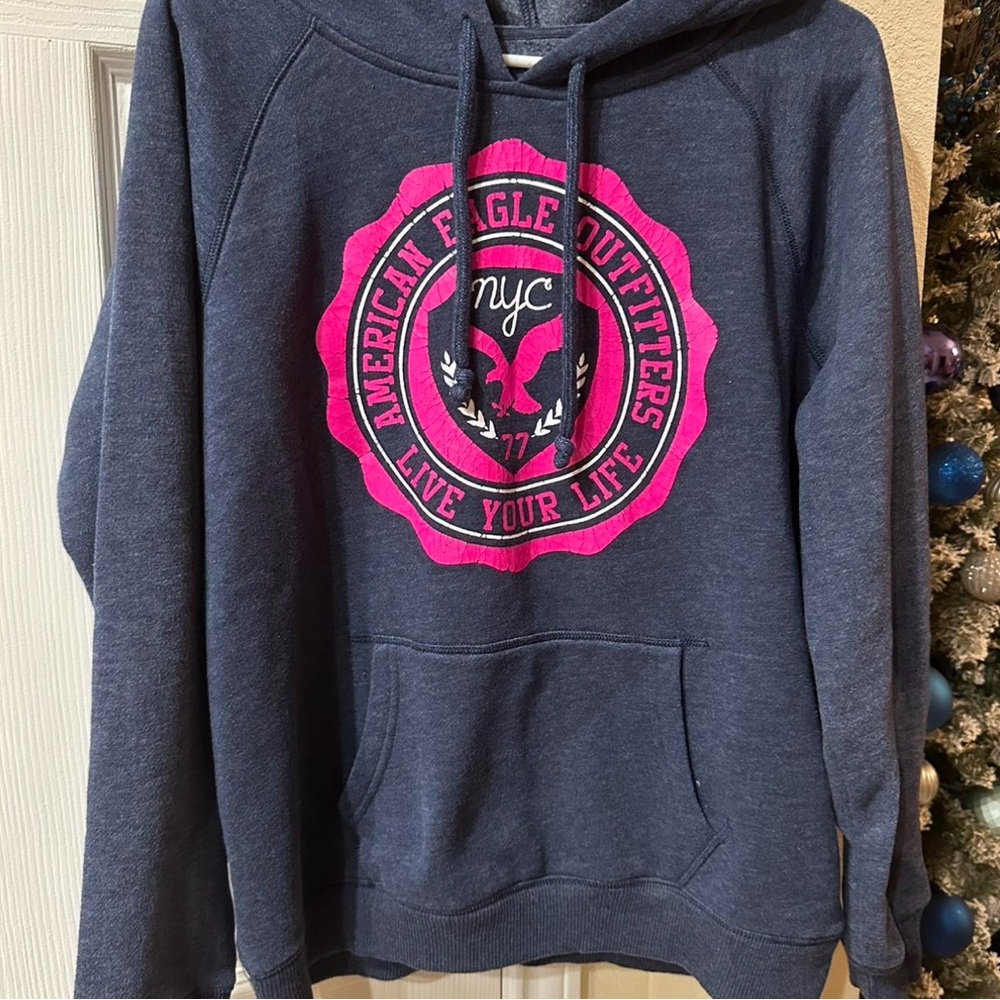American Eagle Outfitters Women's Dark Blue Hoodie with Pink Logo